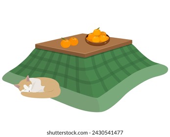Kotatsu, mandarin oranges and cat