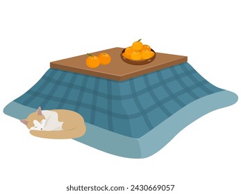 Kotatsu, mandarin oranges and cat