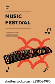 Koto, gente. Afiche del festival de música. Instrumentos musicales de cuerda. Competencia. Un conjunto de ilustraciones vectoriales. Diseño minimalista. Cartel, volante, portada, impresión.