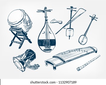 koto sanshin taiko drum Kotsuzumi kokyu fue flute japanese vector sketch illustration engraved chinese musical instrument design elements
