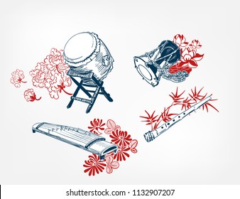 koto taiko drum Kotsuzumi fue flute japanese vector sketch illustration engraved chinese musical instrument design elements
