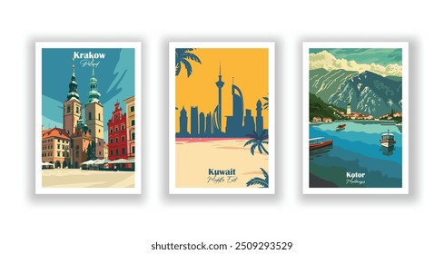 Kotor, Montenegro, Krakow, Poland, Kuwait, Middle East - Vintage travel poster. Vector illustration