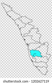 Kottayam district is shown highlighted with light aqua colour in Kerala map with its name in English and Malayalam language.