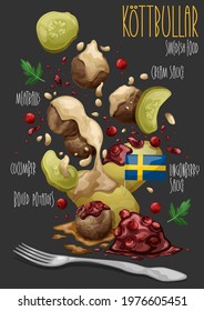 Kottbullar. Swedish meatballs kottbullar in sauce with boiled potatoes, cucumber and lingonberry sauce