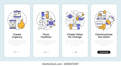 Tela do aplicativo móvel integrado do modelo de gerenciamento de alterações Kotter. Corporativo. Passo a passo 4 passos instruções gráficas editáveis com conceitos lineares. IU, UX, GUI