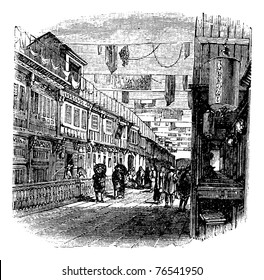 Kouang-tchou-fou, China, New street scene  vintage engraving, 1890s. Old engraved illustration of new street scene. Trousset Encyclopedia