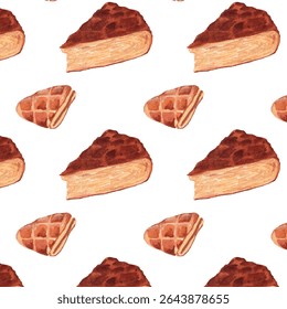 Kouign-amann, padrão de aquarela de Volume de Negócios da Maçã (Chausson aux Pommes).  Doce, pastelaria redonda bretão e fundo de sobremesas de maçã. Estilo de aquarela acolhedor bonito e realista. Papel de parede culinária. 