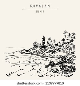 Kovalam Beach and Vizhinjam Lighthouse Kerala, South India. Retro travel drawing of a pristine beach, palm trees and a lighthouse. Tropical paradise landscape sketch. Vector postcard illustration