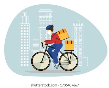 Kovid-19. Quarantine in the city. The concept of online delivery, tracking online orders, home and office delivery. Warehouse, bicycle courier, courier for delivery in a respiratory mask. vector illus