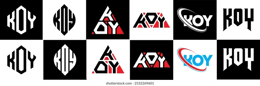 KOY letter logo design in six style. KOY polygon, circle, triangle, hexagon, flat and simple style with black and white color variation letter logo set in one artboard. KOY minimalist and classic logo