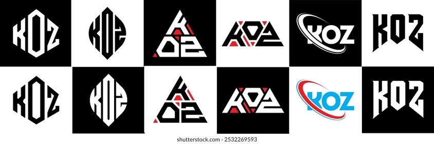 Logo de la letra KOZ en seis estilos. KOZ polígono, círculo, triángulo, hexágono, estilo plano y simple con logo de letra de variación de color blanco y negro en una mesa de trabajo. Logo minimalista y clásico de KOZ