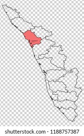 Kozhikode district is shown highlighted with light red colour in Kerala map with its name in English and Malayalam language.