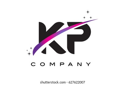 KP K P Black Letter Logo Design with Purple Magenta Swoosh and Stars.