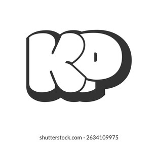 KP logo, bubble comic lettering, rounded in graffiti style black and white silhouette. Trendy preschool K and P letter text for festival party, personal initials, children funky print and web. 