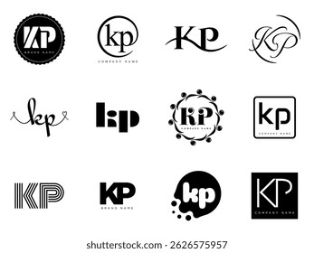 KP logo company template. Letter k and p logotype. Set different classic serif lettering and modern bold text with design elements. Initial font typography. Collection trendy business identity.
