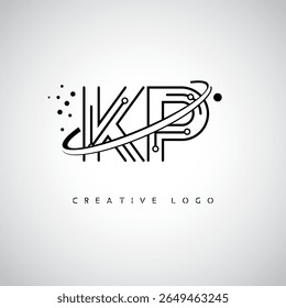 Logotipo de Monograma de Órbita KP - Marca de Letra Mínima Futurista com Linha de Arte Circular, Pontos Inspirados na Tecnologia e Conceito de Movimento Espacial para Identidade de Marca Moderna