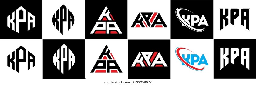 KPA letter logo design in six style. KPA polygon, circle, triangle, hexagon, flat and simple style with black and white color variation letter logo set in one artboard. KPA minimalist and classic logo