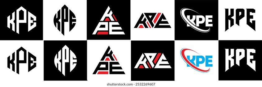 Diseño del logotipo de la letra de KPE en seis estilos. KPE polígono, círculo, triángulo, hexágono, estilo plano y simple con logo de letra de variación de color blanco y negro en una mesa de trabajo. Logotipo minimalista y clásico de KPE