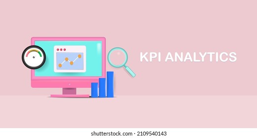 KPI Analytics, Key Performance Indicator, Business Intelligence Metrics -3D Concept Vector Banner With Icons