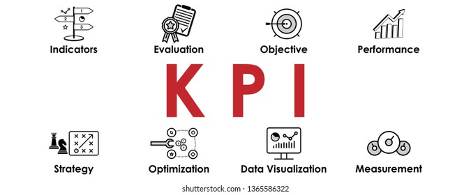 KPI banner with 10 web Icons on white background. Header for website or social media page design. Objective, Performance, Indicator, Measurement. Infographic icons collection. Vector illustration