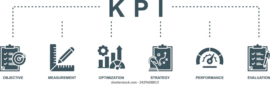 Concepto de ilustración vectorial de icono web de banner de KPI para el indicador clave de rendimiento en las métricas de negocio con un icono