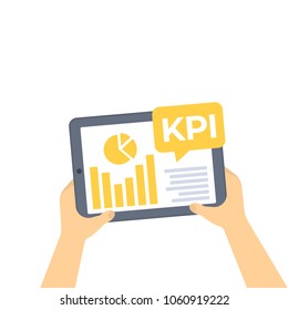 KPI and business analytics, key performance indicators, tablet in hands, vector illustration