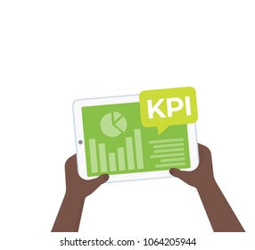 KPI and business analytics, key performance indicators, tablet with graphs in hands