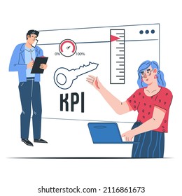Concepto de negocio de KPI o indicador de rendimiento clave. Análisis de métricas empresariales y evaluación de empleados, gestión del personal, ilustración vectorial plana aislada en fondo blanco.