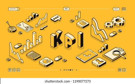 KPI business performance strategy and analysis vector illustration in thine line isometric design on yellow halftone background. Company management, growth indicators and infogrpahic charts