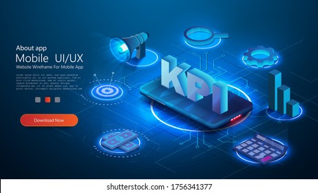 KPI business performance strategy and analysis. Provides the main points of the KPI Can use for web banner, infographics. Flat 3d isometric vector illustration isolated on blue background 