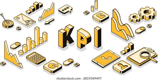 Kpi business performance strategy and analysis illustration in thine line isometric design