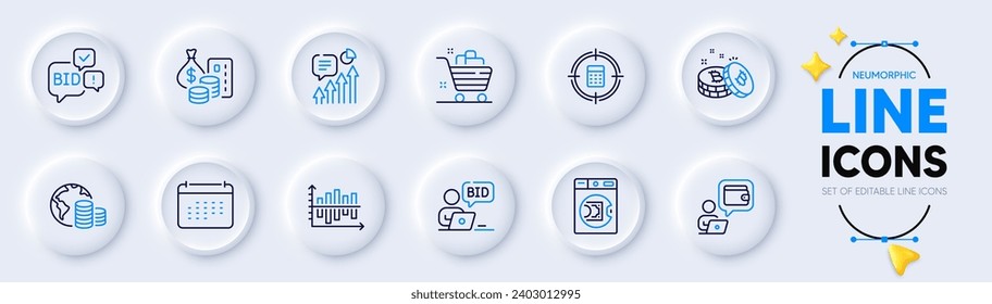 Kpi, Calendar and Money line icons for web app. Pack of Diagram chart, Wallet, Bitcoin pictogram icons. Budget, Calculator target, Grocery basket signs. Bid offer, Online auction. Vector