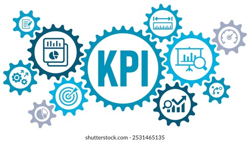 Ilustração vetorial dos ícones do web website do banner do conceito do KPI com ícones de objetivo, medição, otimização, estratégia, desempenho, avaliação, meta, alvo, fundo branco, ícones editáveis sólidos