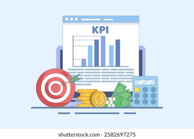KPI Concept, Business Technical Key Performance Indicators, Performance Evaluation and Dynamics in Dashboard, Strategy, Data Report, Efficient Workflow, Business Intelligence. Flat Vector Illustration