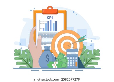 KPI Concept, Business Technical Key Performance Indicators, Performance Evaluation and Dynamics in Dashboard, Strategy, Data Report, Efficient Workflow, Business Intelligence. Flat Vector Illustration