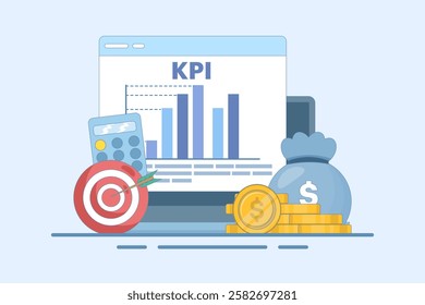 KPI Concept, Business Technical Key Performance Indicators, Performance Evaluation and Dynamics in Dashboard, Strategy, Data Report, Efficient Workflow, Business Intelligence. Flat Vector Illustration