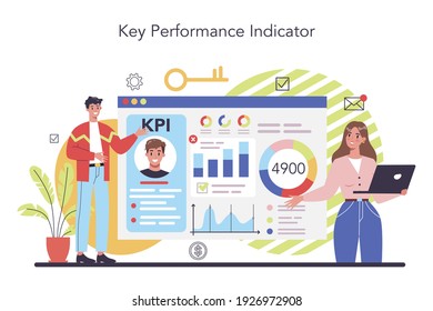 KPI-Konzept. Wichtigste Leistungsindikatoren. Mitarbeiterbewertung, Testformular und -bericht, Überprüfung der Arbeitsleistung. Personalmanagement, Personalentwicklung. Einzelne flache Vektorgrafik