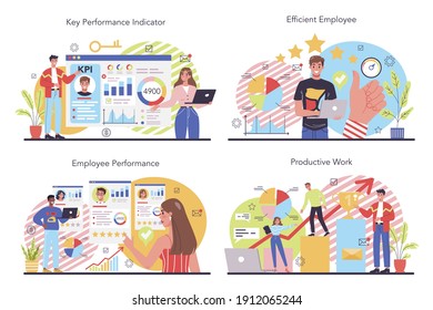 KPI concept set. Key performance indicators. Employee evaluation, testing form and report, worker performance review. Staff management, empolyee development. Isolated flat vector illustration