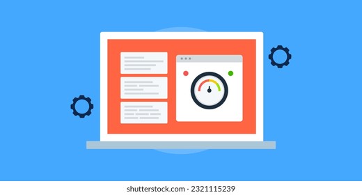 Panel de KPI en la pantalla del portátil. Informe de análisis de datos de software de KPI. Aplicación del sitio web del indicador de rendimiento clave - fondo de ilustración del vector