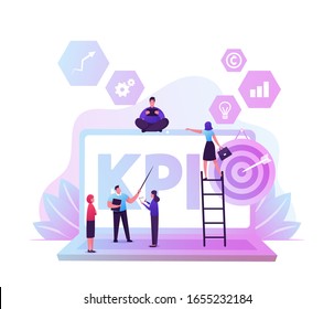 Kpi Data Report, Key Performance Indicators with Business Characters and Infographics Elements, Metrics Analysis. Company Management, Measure Marketing Campaign. Cartoon Flat Vector Illustration