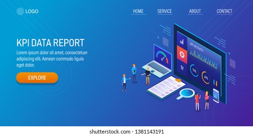 KPI Data Report, Measure Marketing Campaign, KPI Metrics Analysis, Flat Design 3D, Isometric Vector Banner With Icons And Texts