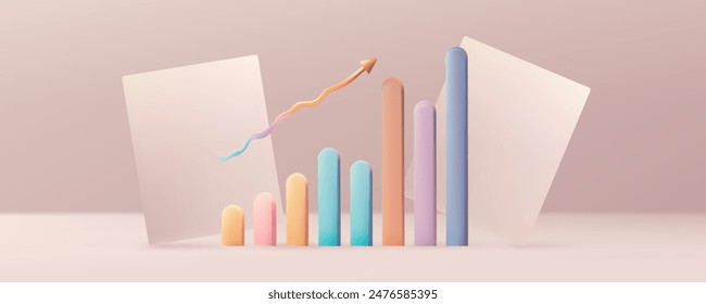 Gráfico de crecimiento de KPI. Diagrama de rendimiento, objetivo empresarial, resultado satisfactorio. Panel con indicadores de datos, estadísticas y análisis de calidad, indicadores financieros. Gráfico de estrategia de crecimiento económico. Vector.