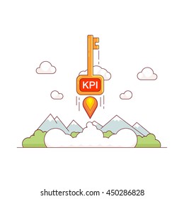 KPI growth concept. Key performance indicator skyrocket trough the sky. Tremendous business success metaphor. Modern flat style thin line vector illustration isolated on white background.