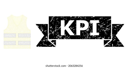 Kpi grunge seal imitation and vector yellow vest mesh model. Black stamp seal contains Kpi text inside ribbon and rosette. Abstract flat mesh yellow vest, created from flat mesh.