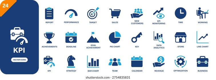 KPI icon collection featuring deadline, goal achievement, pie chart, revenue and achievements symbols. Solid vector icons.