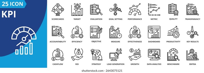 kpi icon set collection in outline style. an icon pack contain scorecards, target, evaluation, goal setting, performance, metric, quality