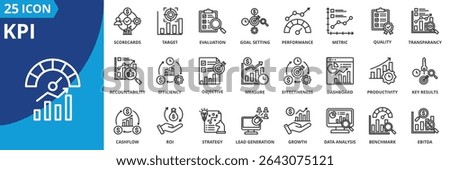 kpi icon set collection in outline style. an icon pack contain scorecards, target, evaluation, goal setting, performance, metric, quality
