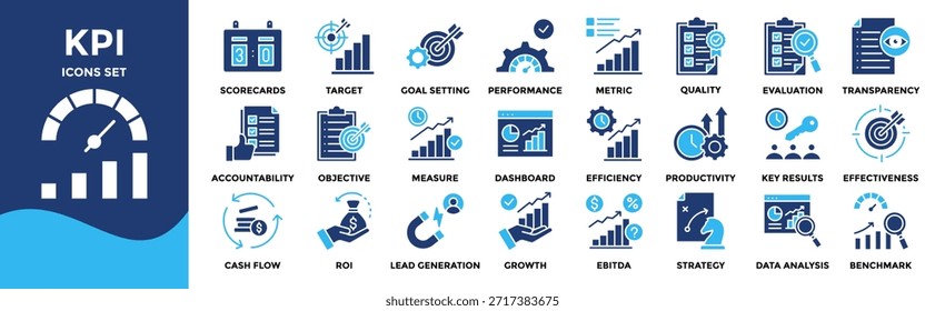 KPI icon set collection. an icon pack contain scorecards, target, evaluation, goal setting, performance, metric