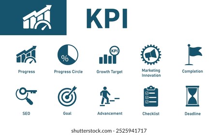 Ícone de KPI. Conjunto de ícones vetoriais sólidos sobre o tema do progresso, prazo, objetivo, gráfico de crescimento, negócios.