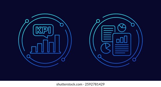 KPI icons with a graph and reports, linear design